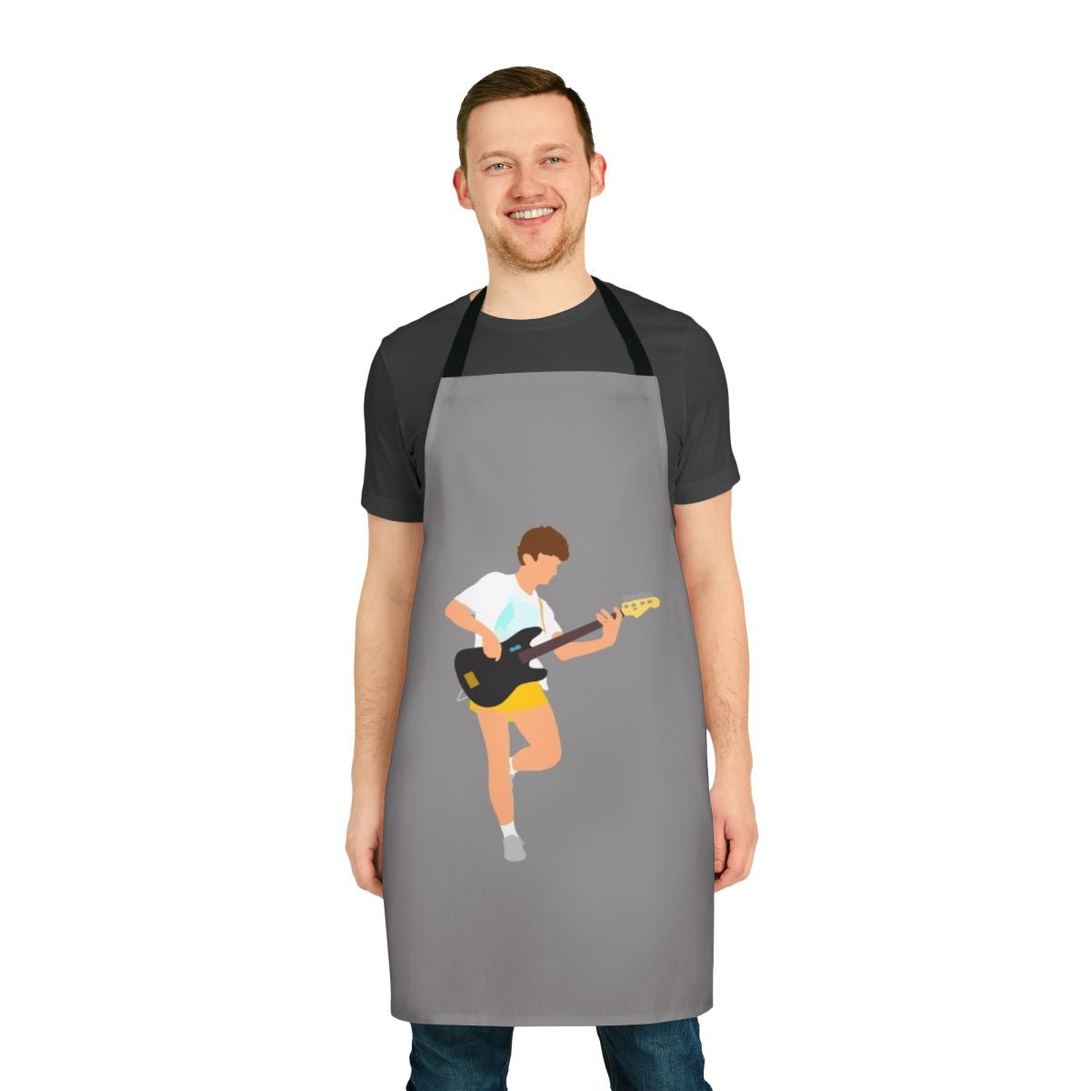 Minimalist apron design featuring John Deacon, the bass guitarist of the iconic band Queen