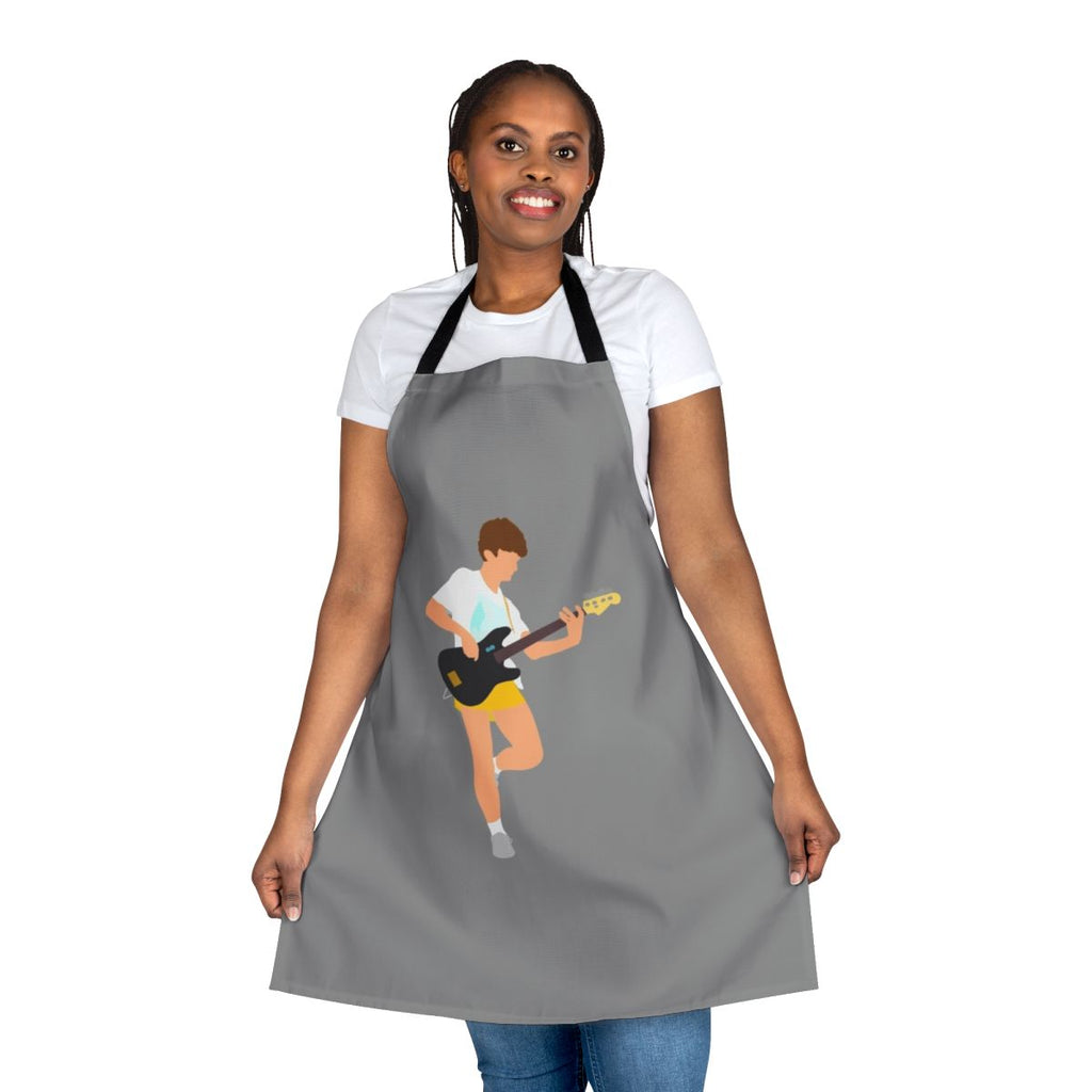 Minimalist apron design featuring John Deacon, the bass guitarist of the iconic band Queen