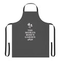 Monochrome apron with "The Moira S Rose S Garden" text in a minimalist typewriter font style, inspired by the TV show Schitt's Creek.