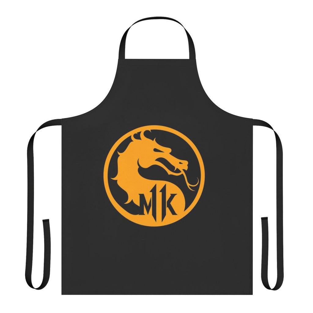 Minimalist black and white apron design featuring the Mortal Kombat logo