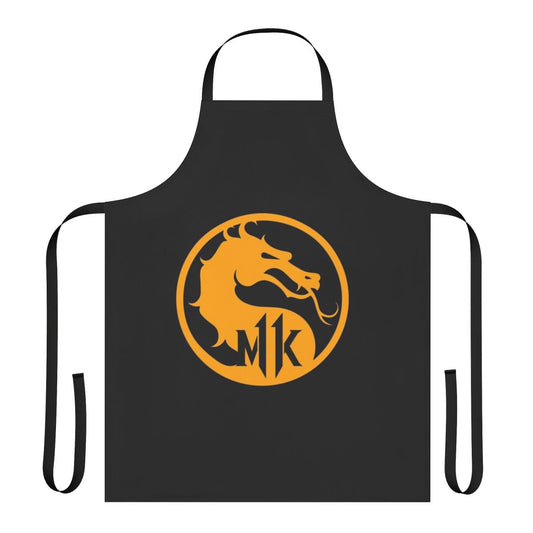 Minimalist black and white apron design featuring the Mortal Kombat logo