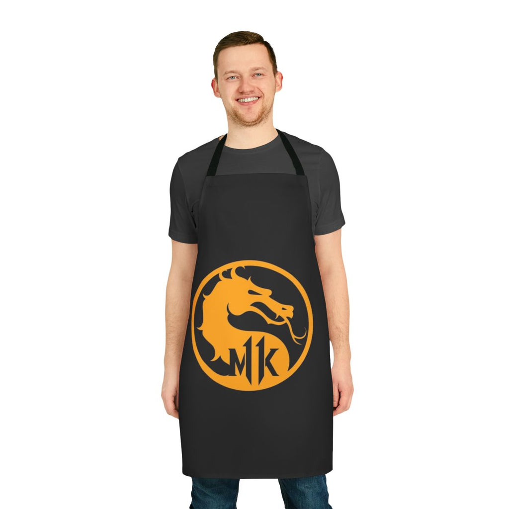 Minimalist black and white apron design featuring the Mortal Kombat logo