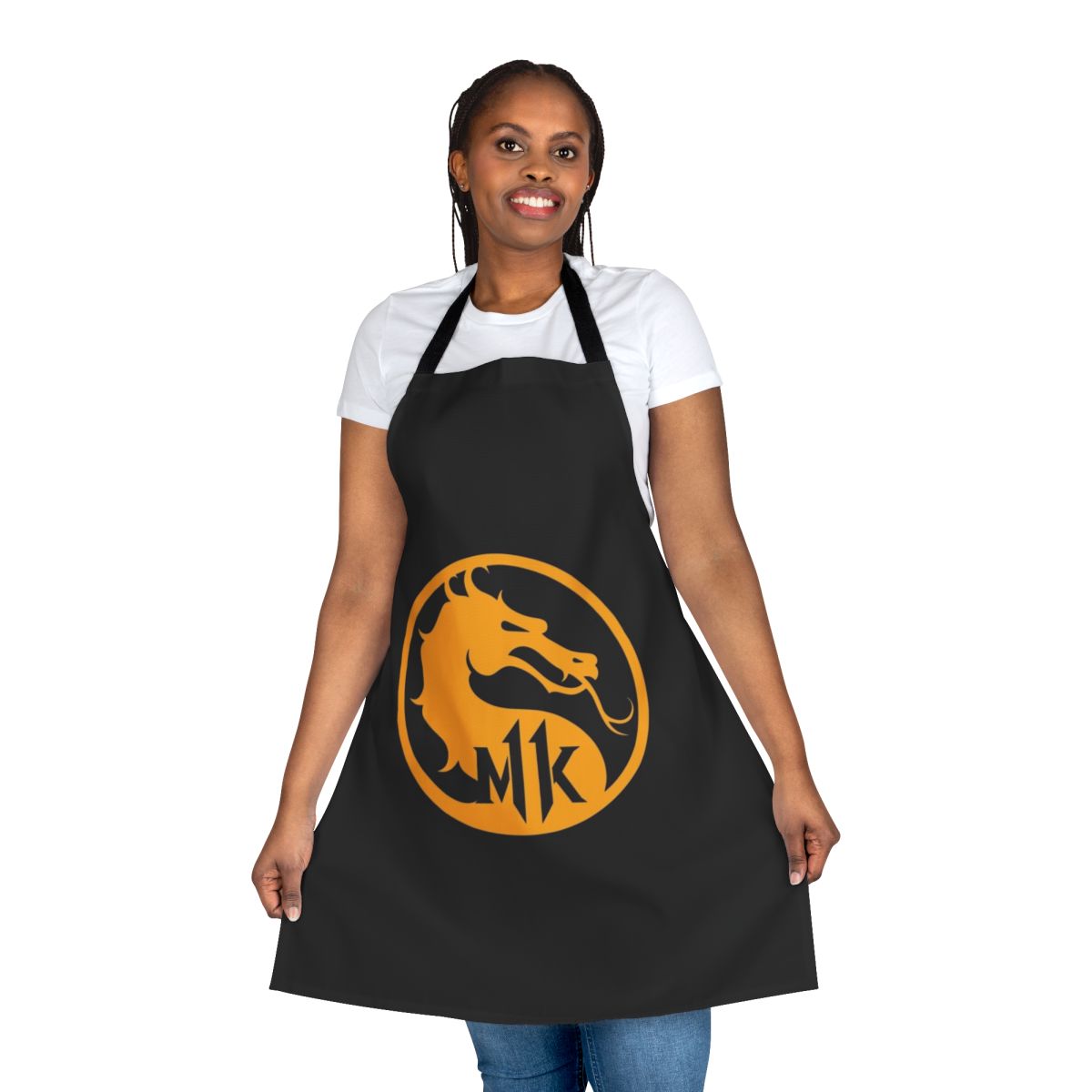 Minimalist black and white apron design featuring the Mortal Kombat logo