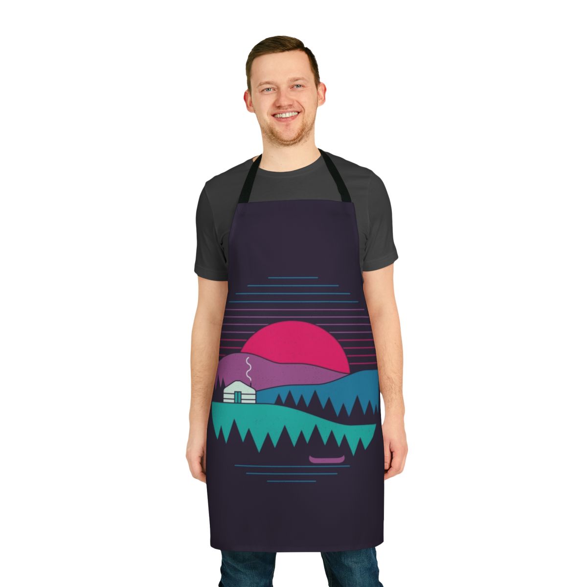 Minimalist nature-inspired apron with vintage-inspired graphics and geometric patterns