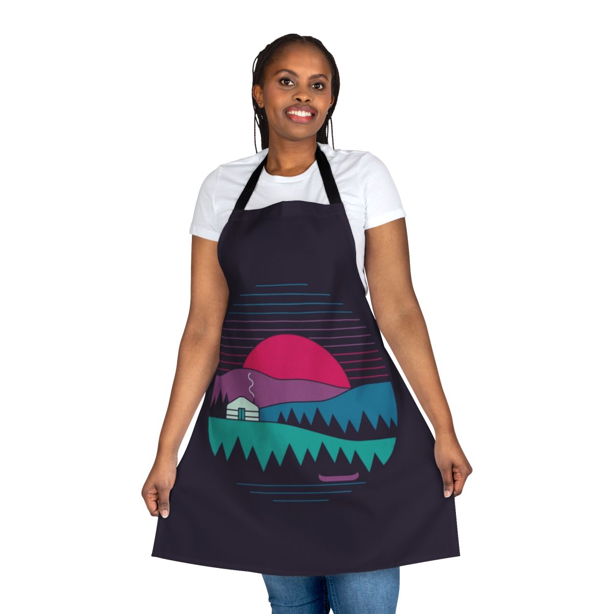 Minimalist nature-inspired apron with vintage-inspired graphics and geometric patterns