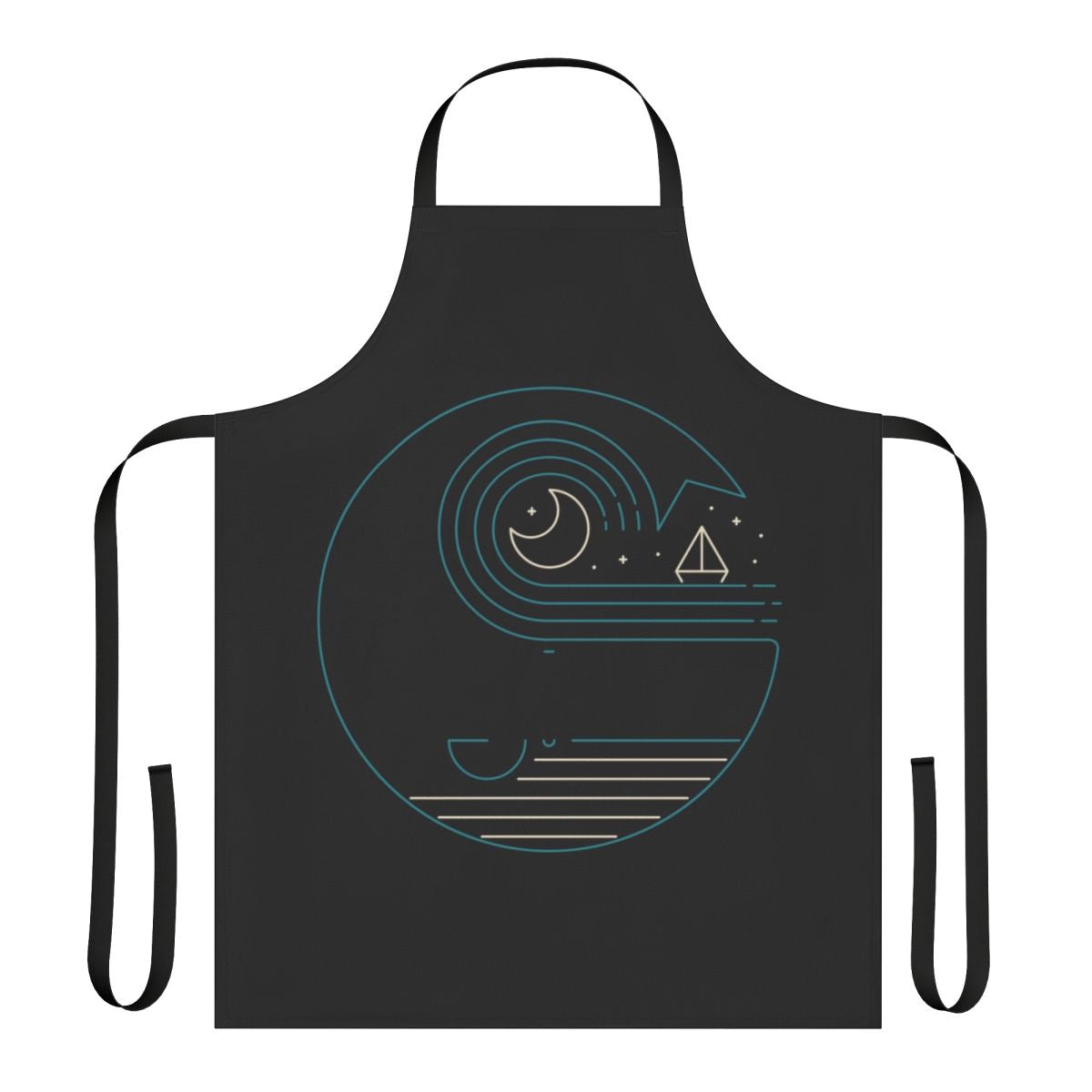 A minimalist apron design featuring a whale, moon, and boat silhouettes on a blue background