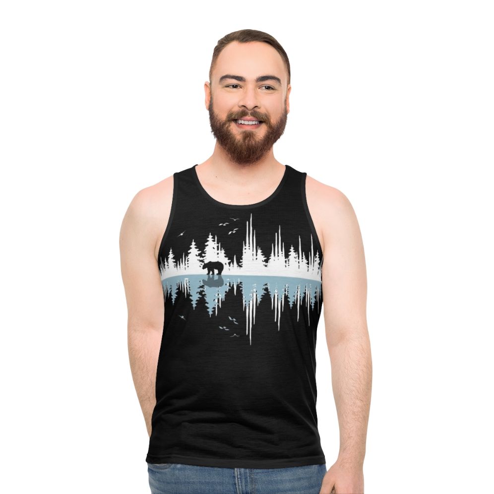 Minimalist nature music sound wave design on a unisex tank top
