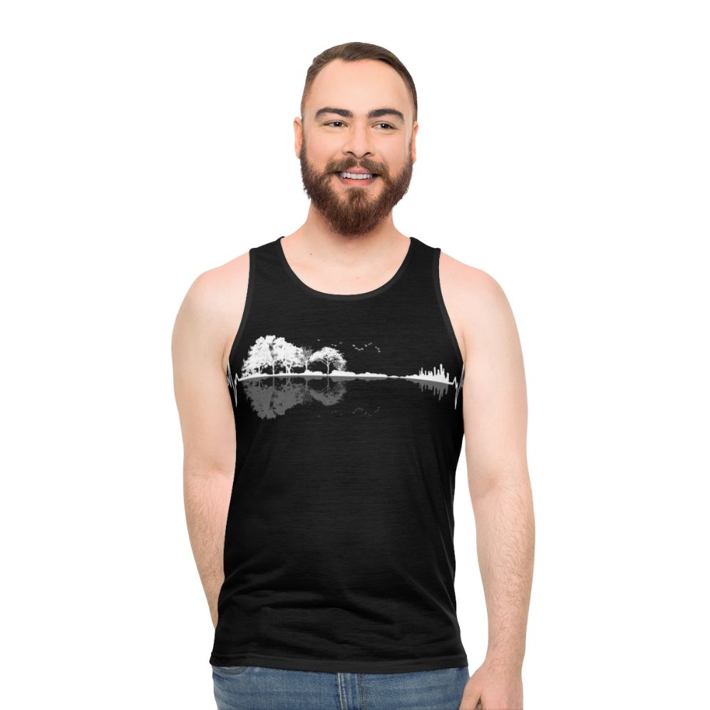 Unisex tank top with minimalist design featuring nature and music motifs