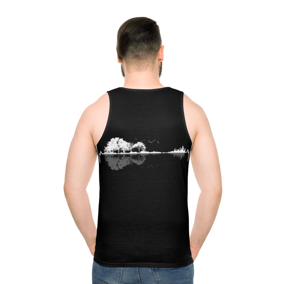 Unisex tank top with minimalist design featuring nature and music motifs