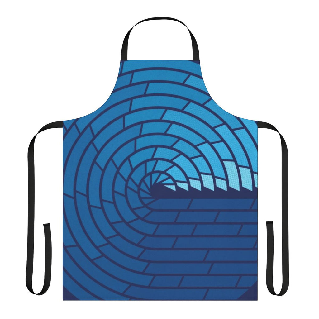 Minimalist ocean-themed apron with a geometric water and seashell pattern in shades of blue