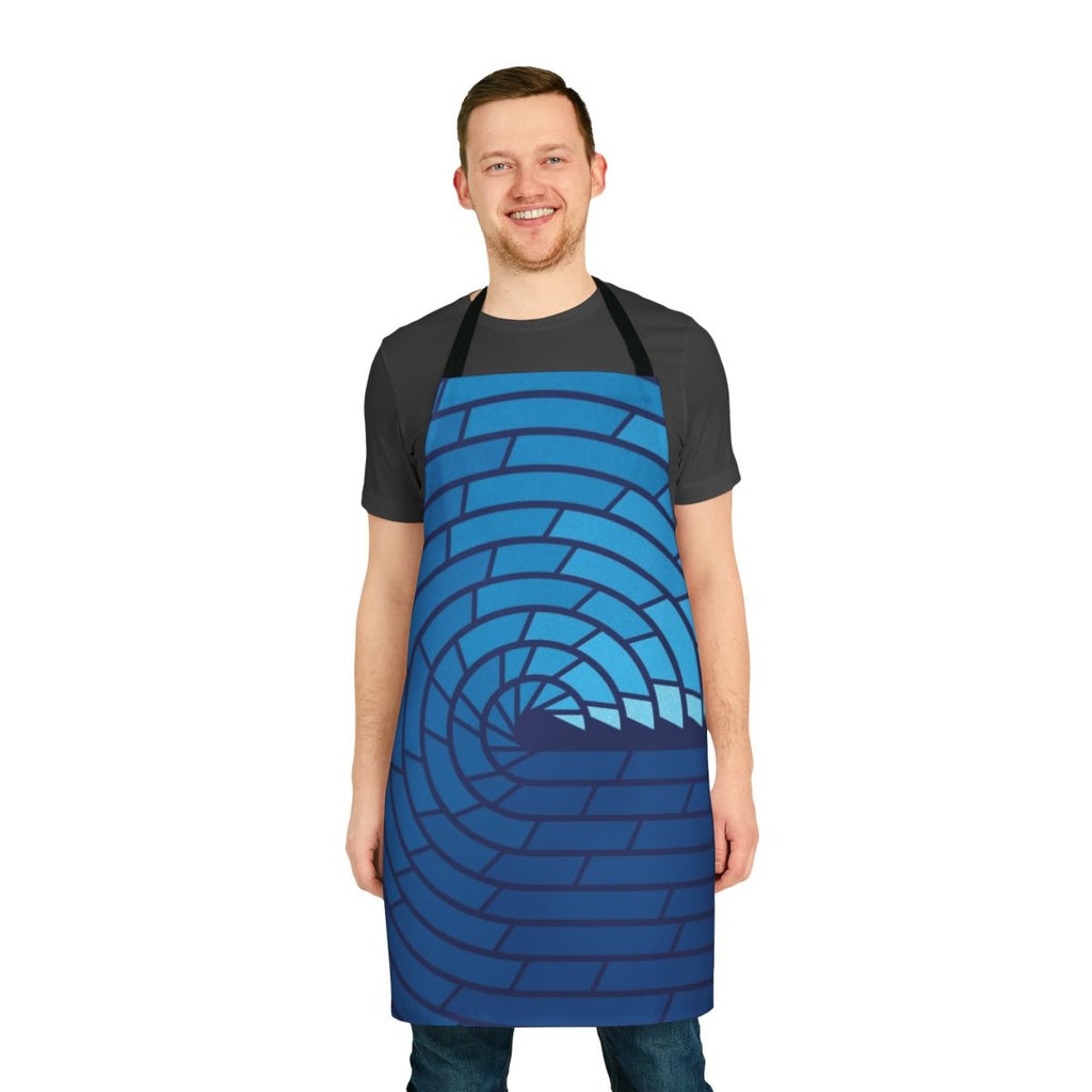 Minimalist ocean-themed apron with a geometric water and seashell pattern in shades of blue