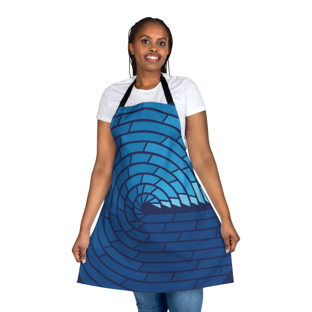 Minimalist ocean-themed apron with a geometric water and seashell pattern in shades of blue