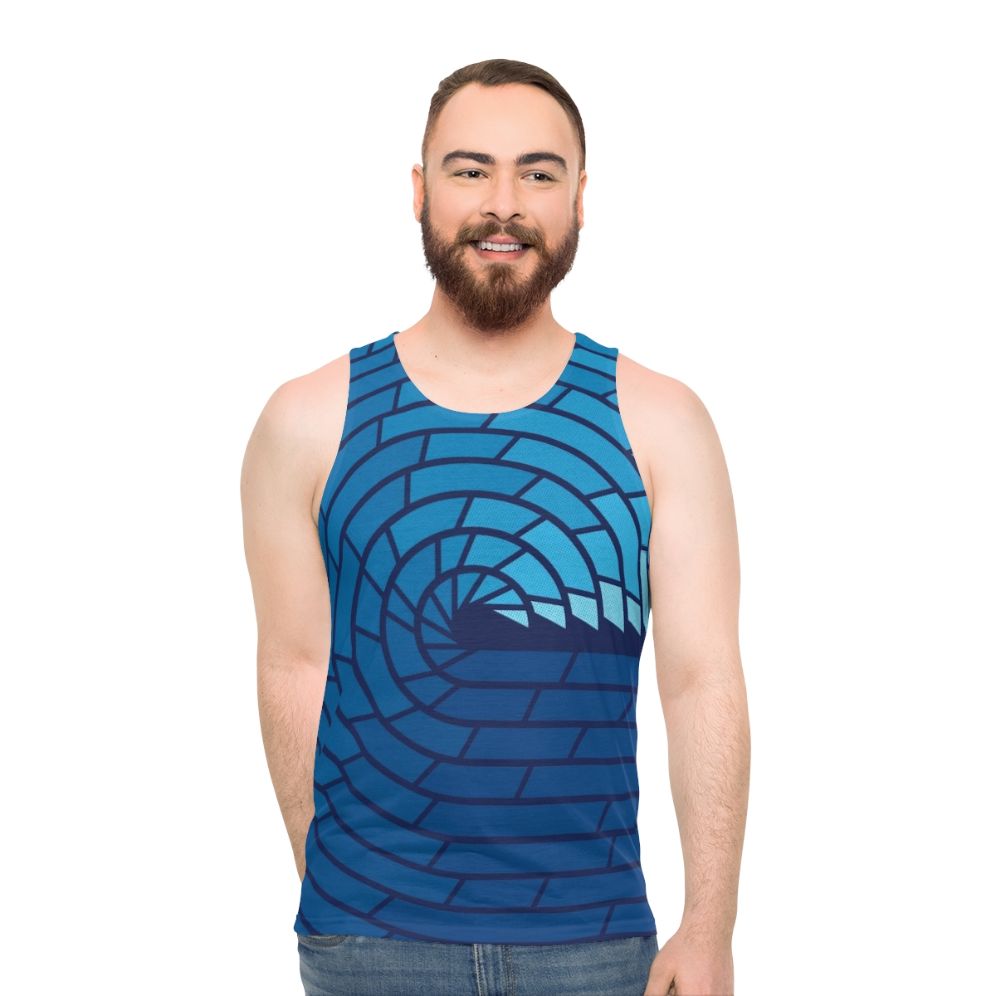 Minimalist unisex tank top with geometric ocean-inspired design