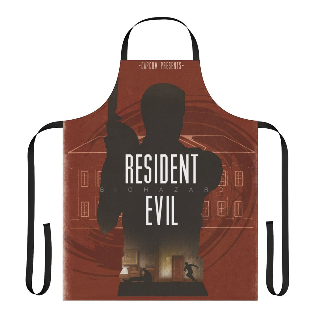 Resident Evil minimalist art apron featuring iconic characters and symbols from the popular video game and movie franchise.