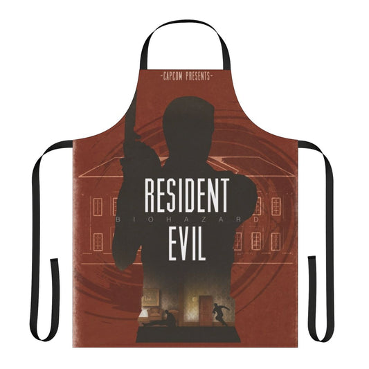 Resident Evil minimalist art apron featuring iconic characters and symbols from the popular video game and movie franchise.