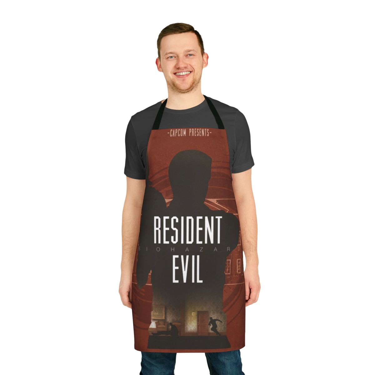 Resident Evil minimalist art apron featuring iconic characters and symbols from the popular video game and movie franchise.