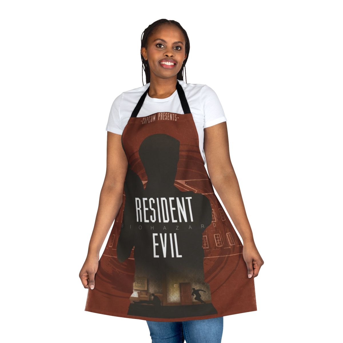Resident Evil minimalist art apron featuring iconic characters and symbols from the popular video game and movie franchise.
