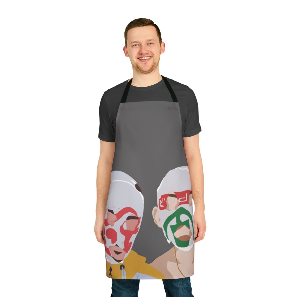 Minimalist apron with Rubberbandits-inspired design, representing Irish music and culture.