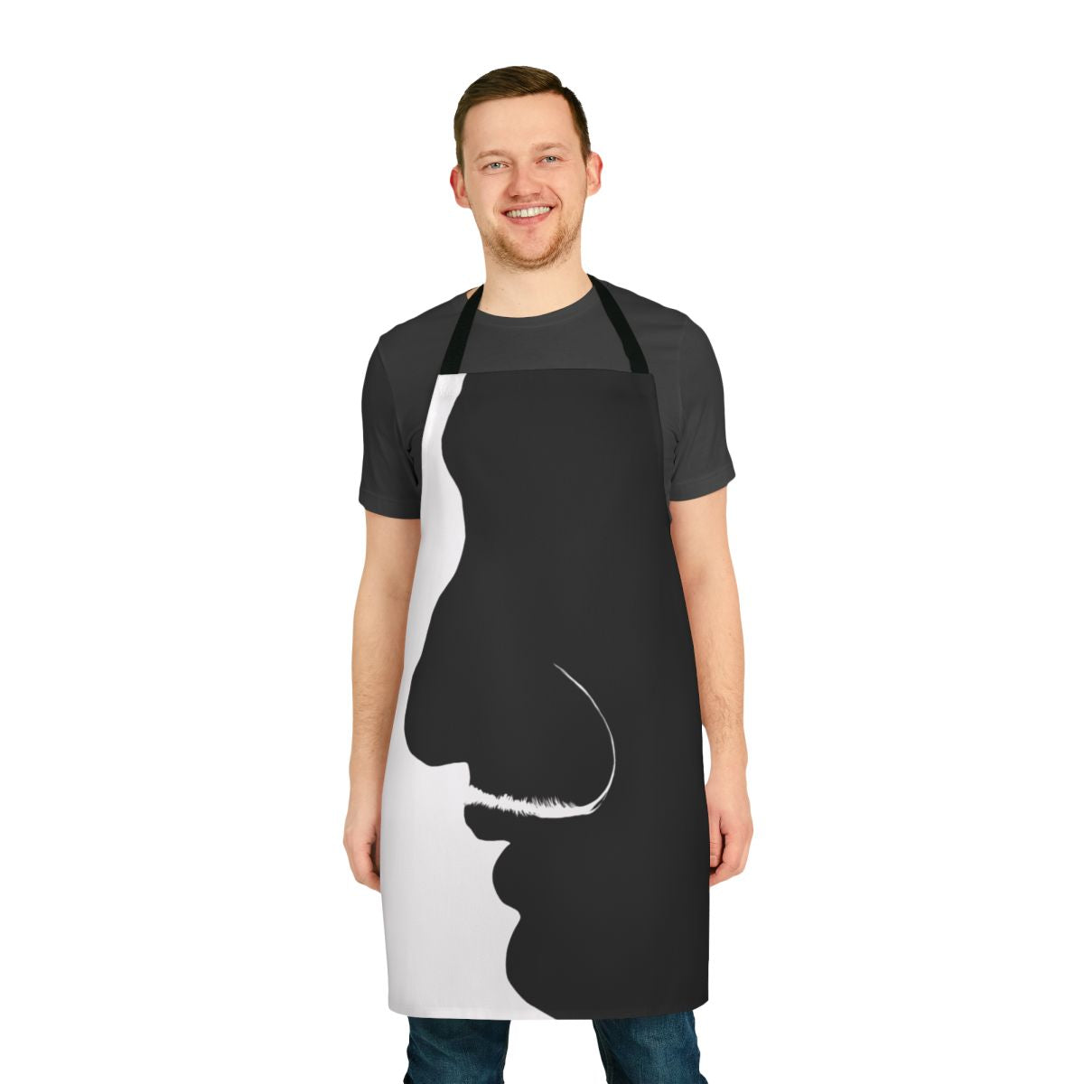 Minimalist black and white apron featuring a portrait of the iconic artist Salvador Dali