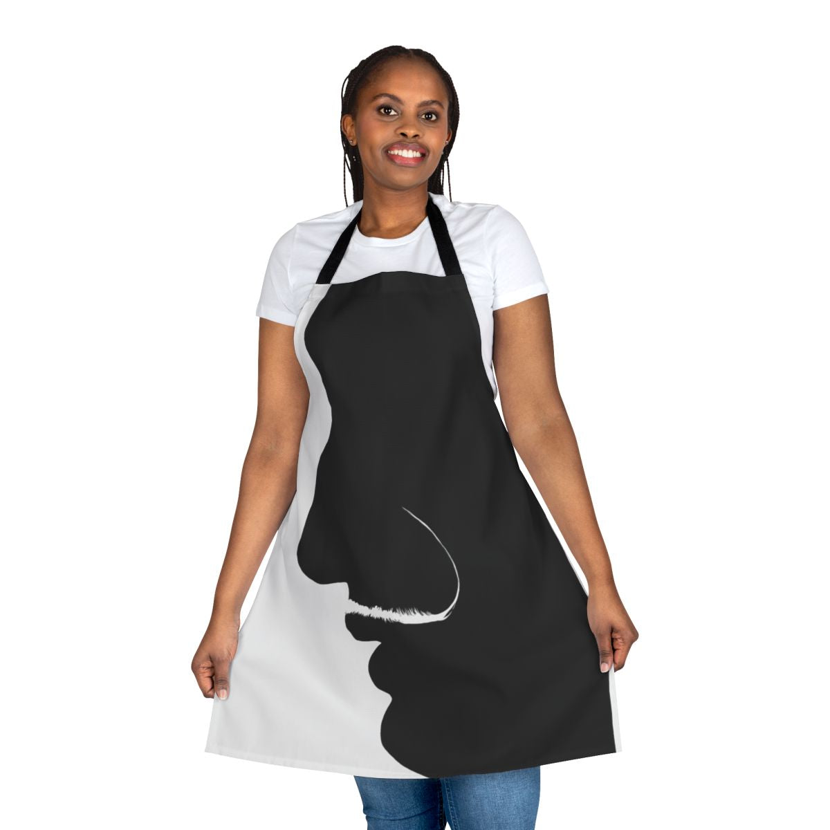 Minimalist black and white apron featuring a portrait of the iconic artist Salvador Dali
