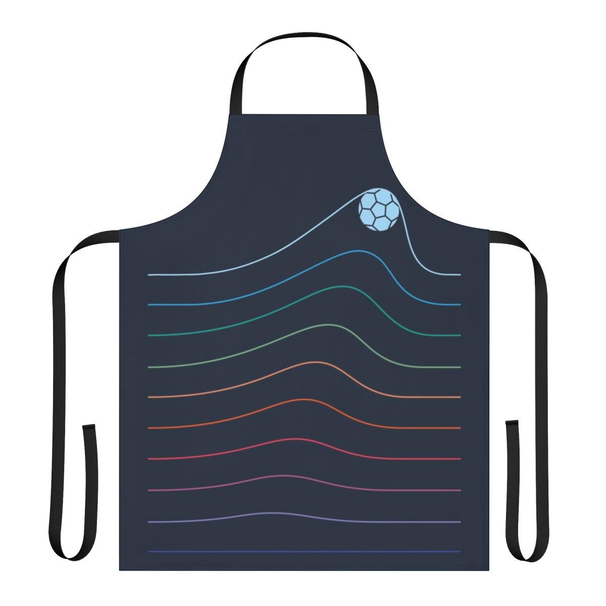 A minimalist graphic design apron featuring a soccer/football theme with a stylized goal and ball.
