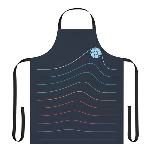 A minimalist graphic design apron featuring a soccer/football theme with a stylized goal and ball.