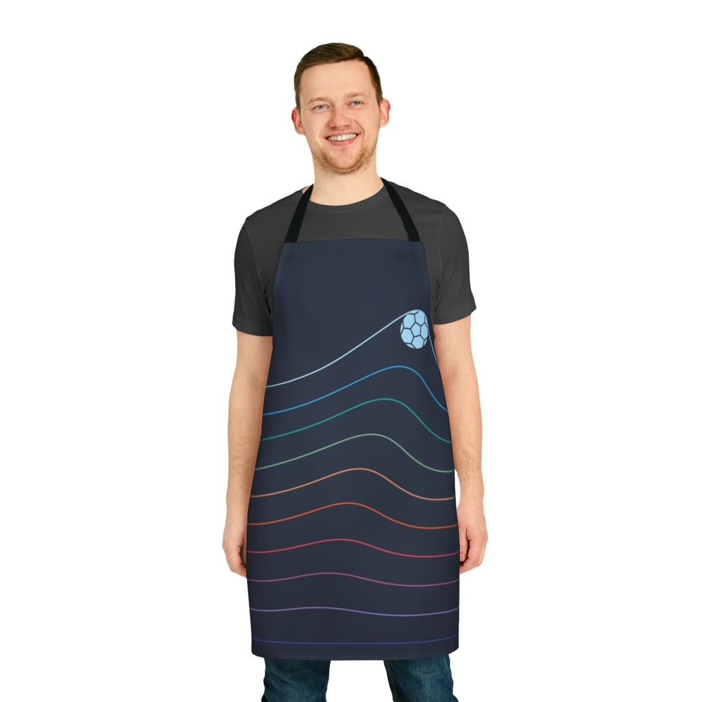 A minimalist graphic design apron featuring a soccer/football theme with a stylized goal and ball.