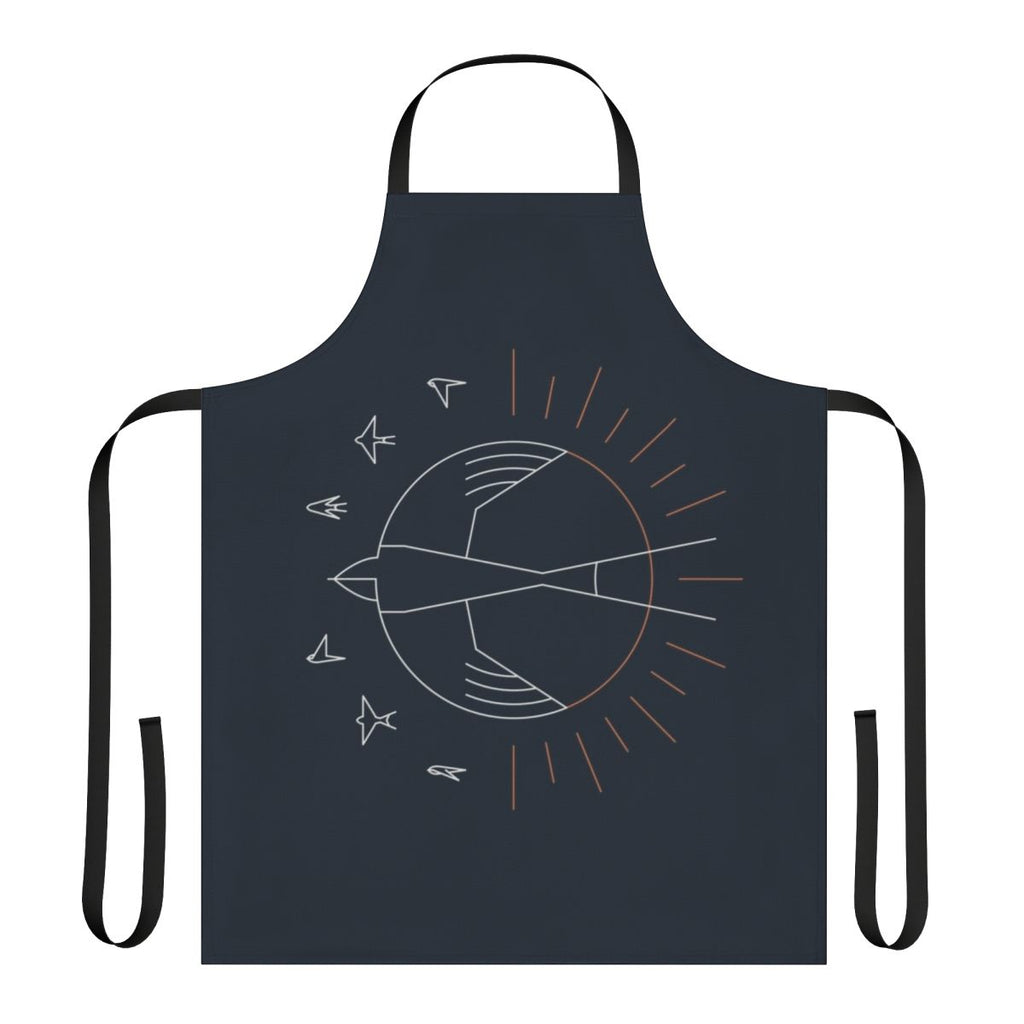 Minimalist geometric line art design of a swallow bird and sun on a high-quality apron.