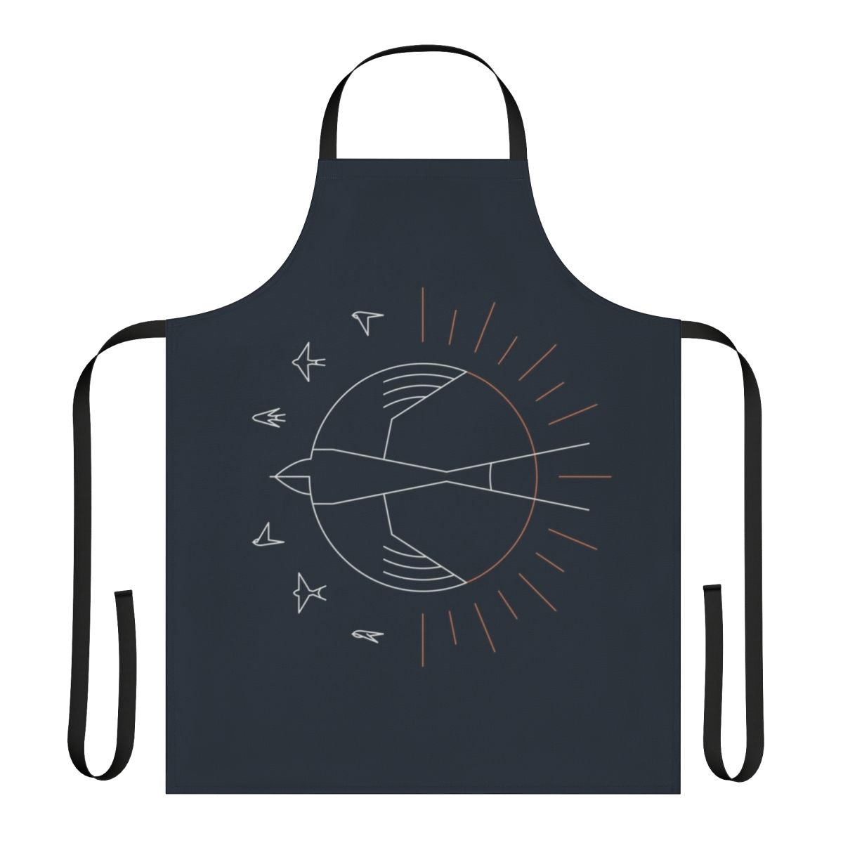 Minimalist geometric line art design of a swallow bird and sun on a high-quality apron.