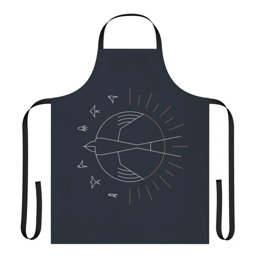 Minimalist geometric line art design of a swallow bird and sun on a high-quality apron.