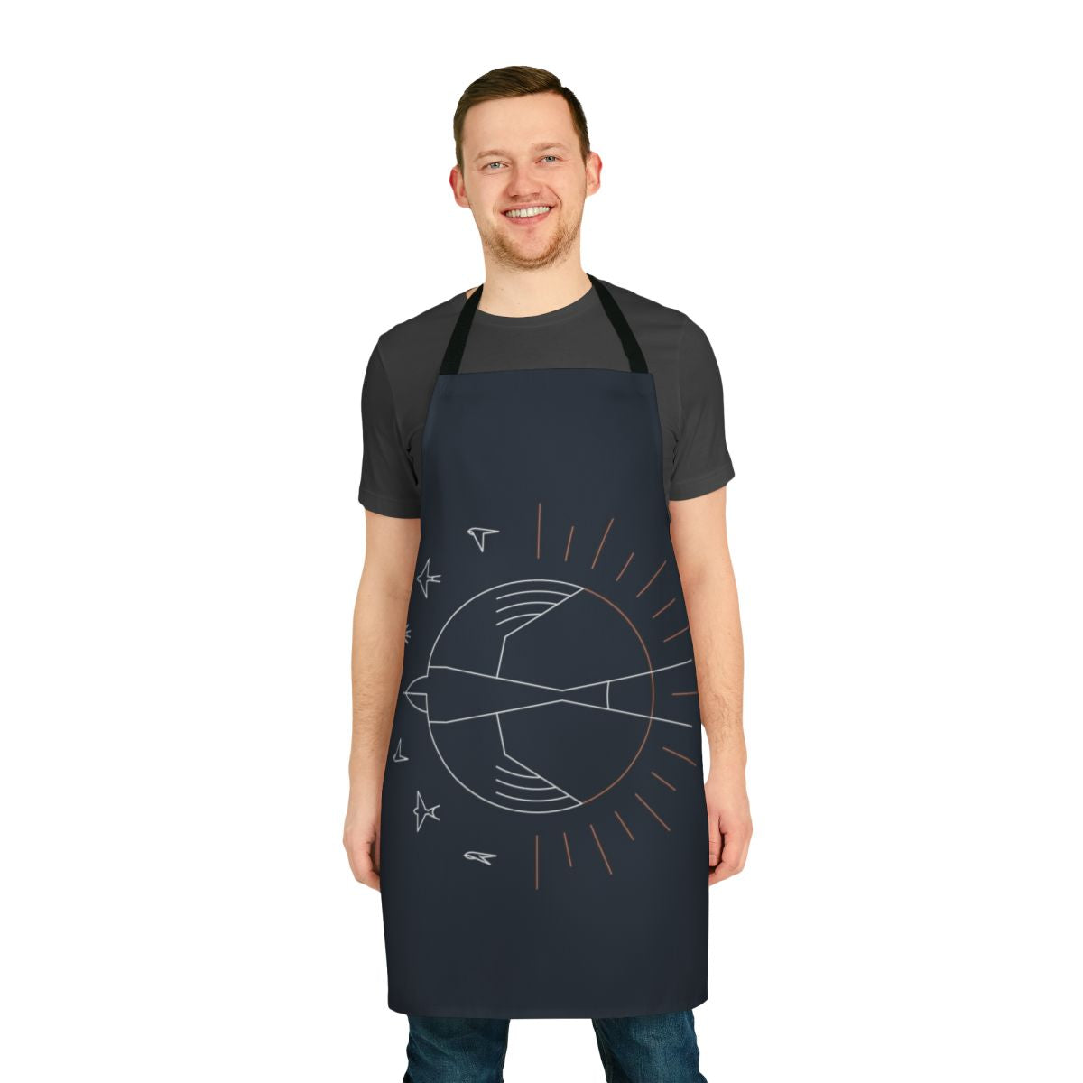 Minimalist geometric line art design of a swallow bird and sun on a high-quality apron.