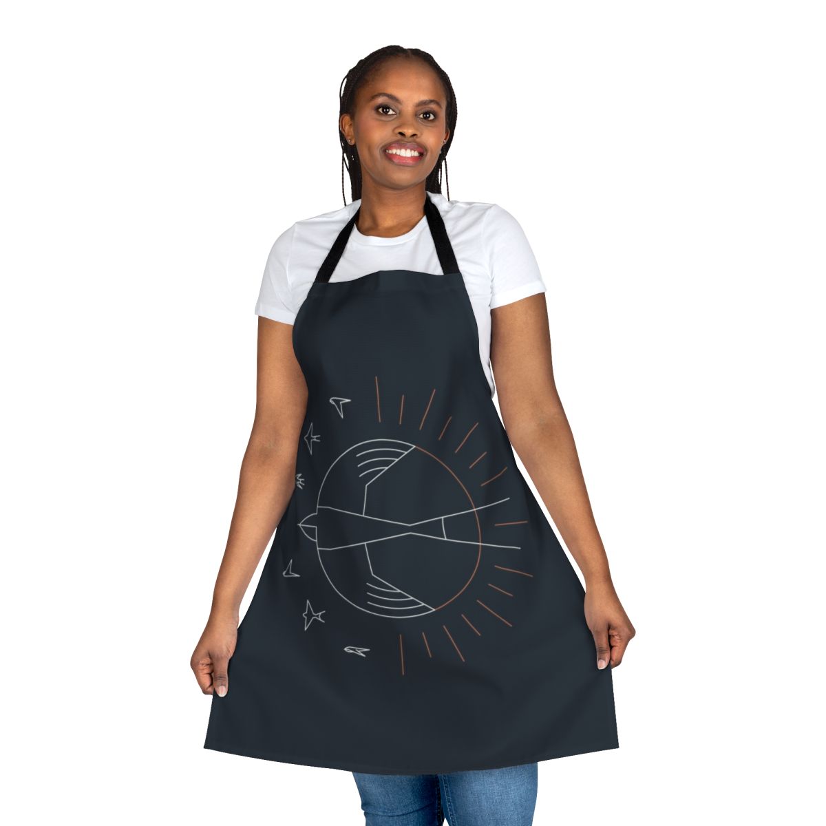 Minimalist geometric line art design of a swallow bird and sun on a high-quality apron.