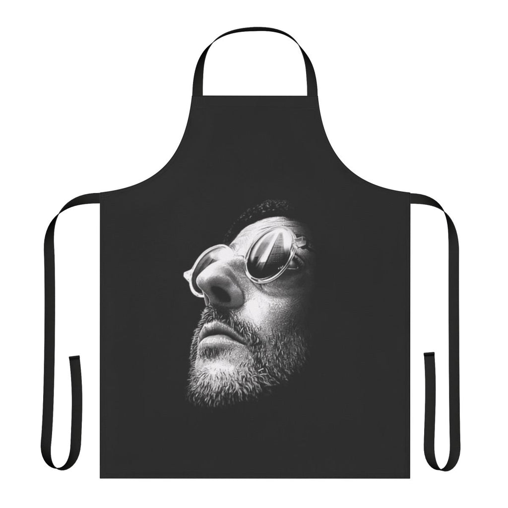 A yellow and black minimalist apron featuring artwork inspired by the 1994 film "The Professional"
