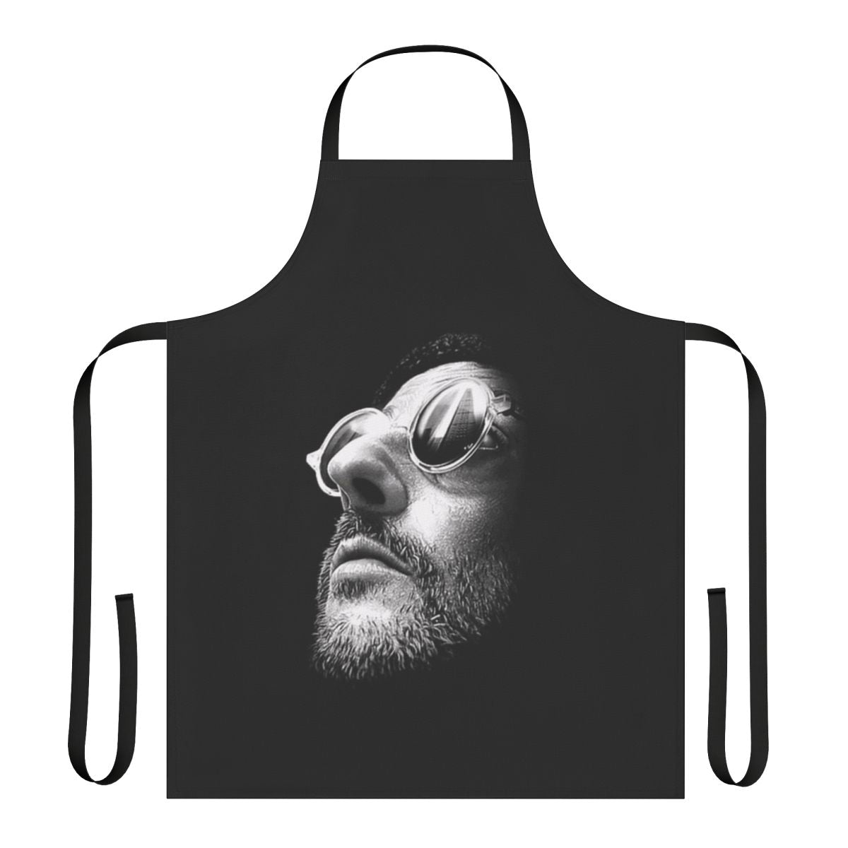 A yellow and black minimalist apron featuring artwork inspired by the 1994 film "The Professional"
