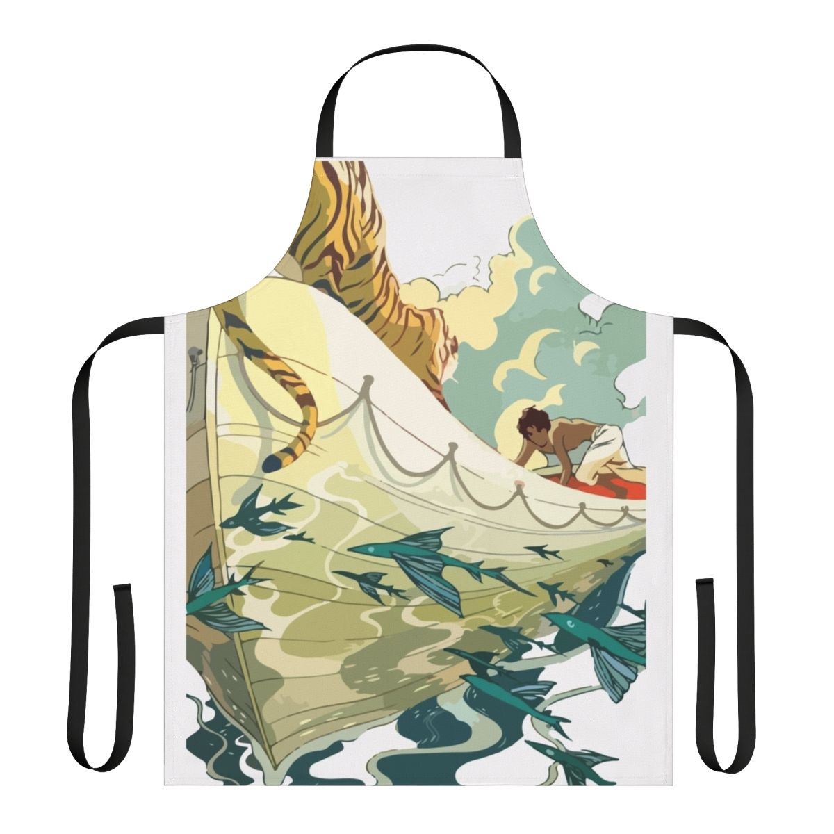 Minimalist tiger in boat design printed on a high-quality kitchen apron, inspired by the movie Life of Pi.