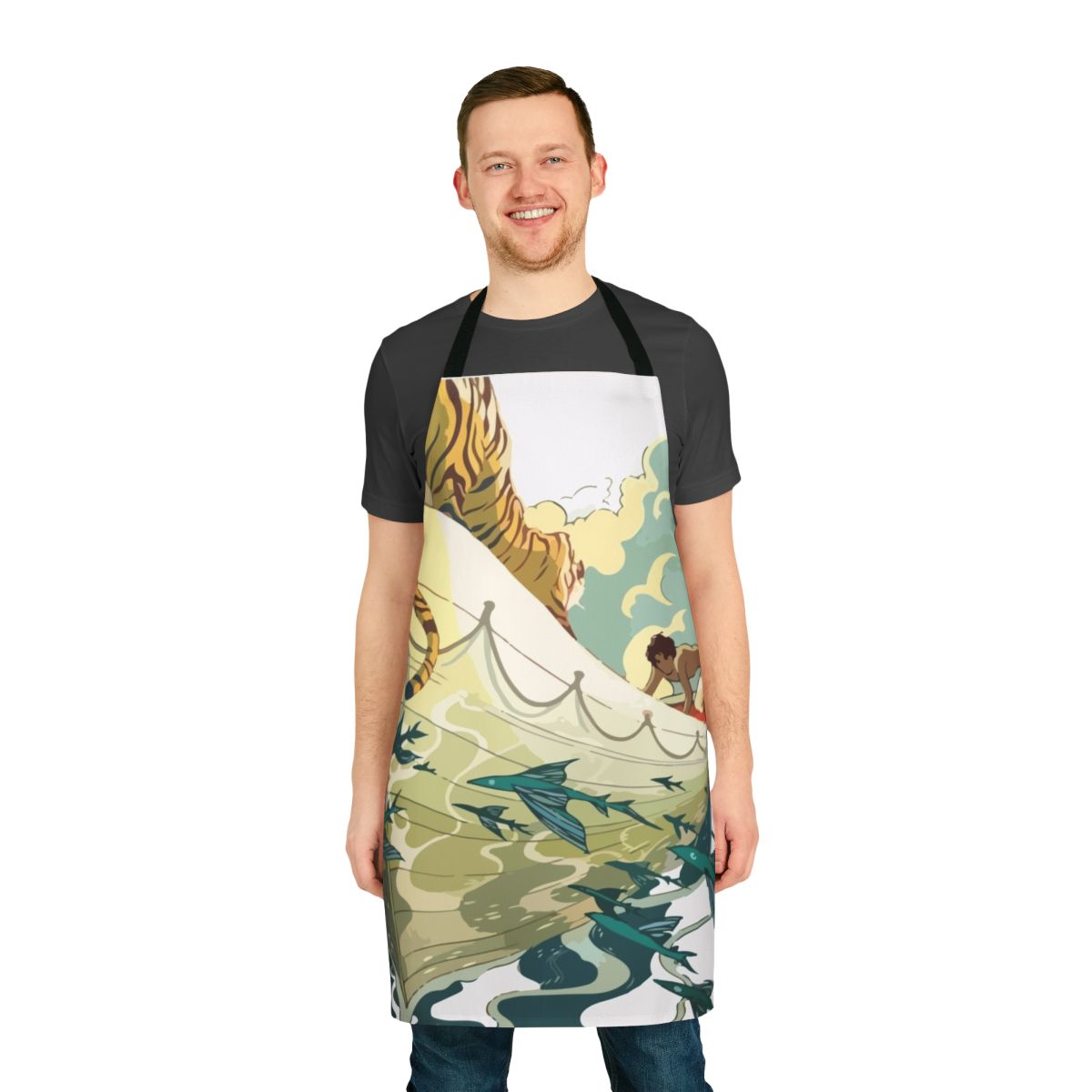 Minimalist tiger in boat design printed on a high-quality kitchen apron, inspired by the movie Life of Pi.