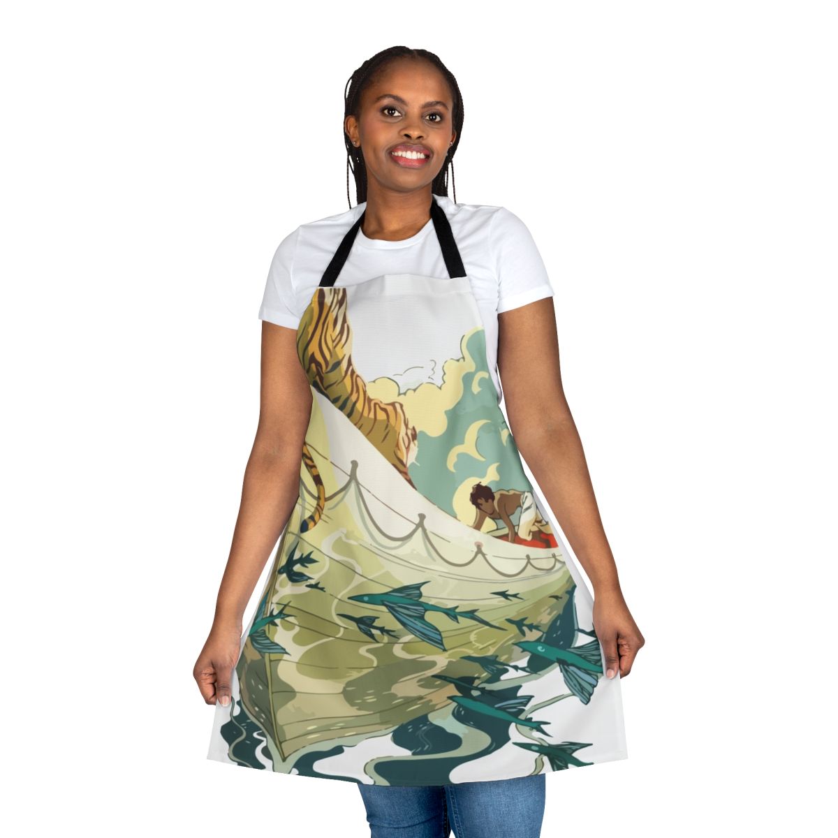 Minimalist tiger in boat design printed on a high-quality kitchen apron, inspired by the movie Life of Pi.
