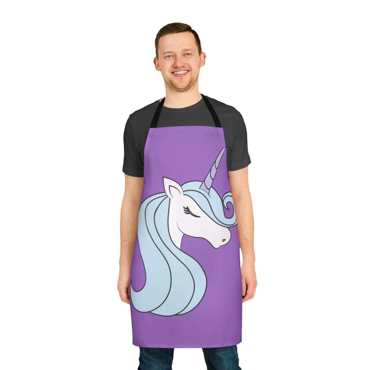 Minimalist silhouette of a unicorn head with a horn on a purple and blue background