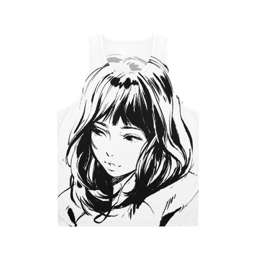 Unisex black and white tank top with minimalist anime-inspired design