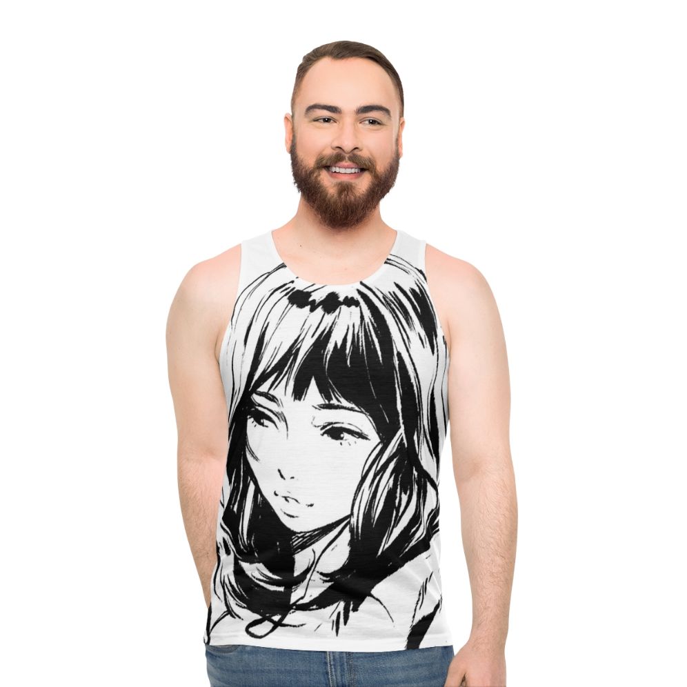 Unisex black and white tank top with minimalist anime-inspired design