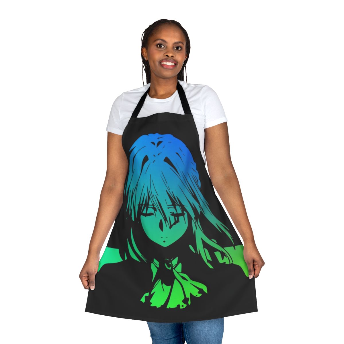 Minimalist dark apron featuring Violet Evergarden, the anime character from the Netflix series