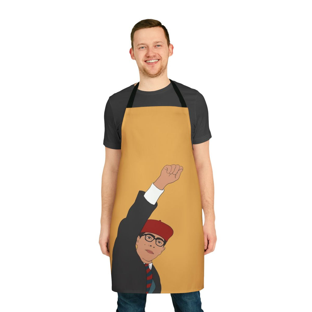 Minimalist apron design featuring a line drawing inspired by the films of director Wes Anderson