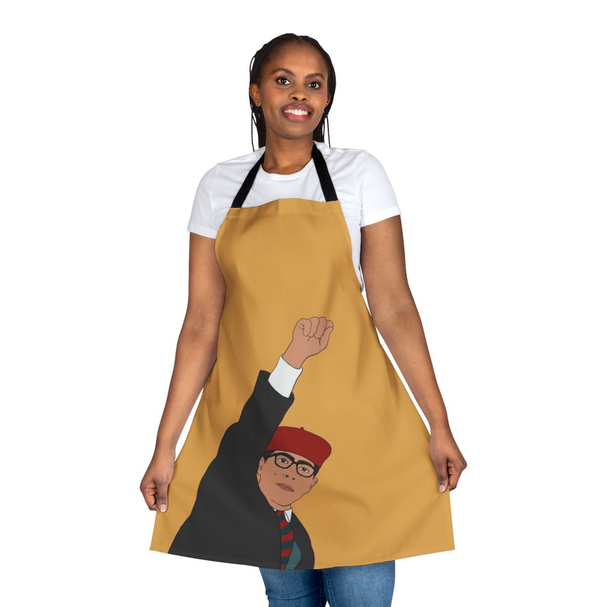 Minimalist apron design featuring a line drawing inspired by the films of director Wes Anderson