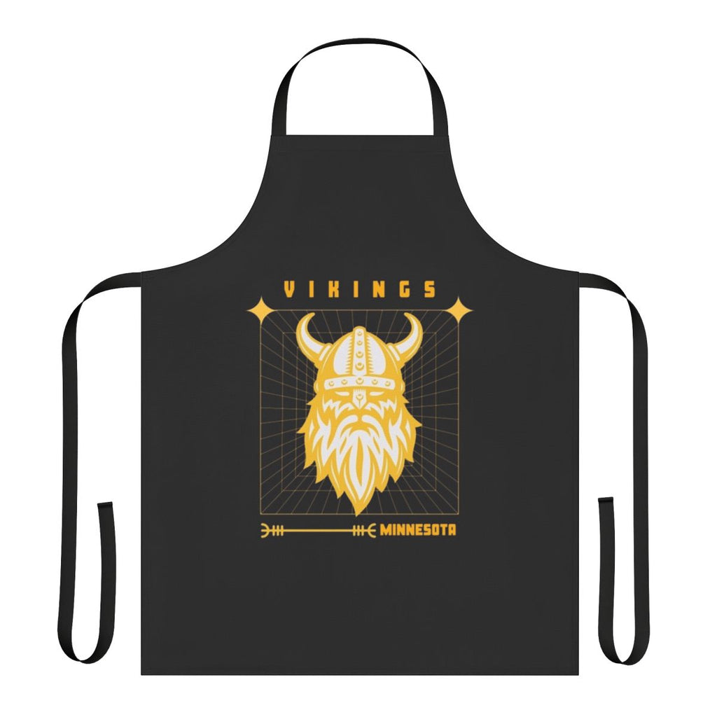 A navy blue kitchen apron featuring the Minnesota Vikings logo and team colors.