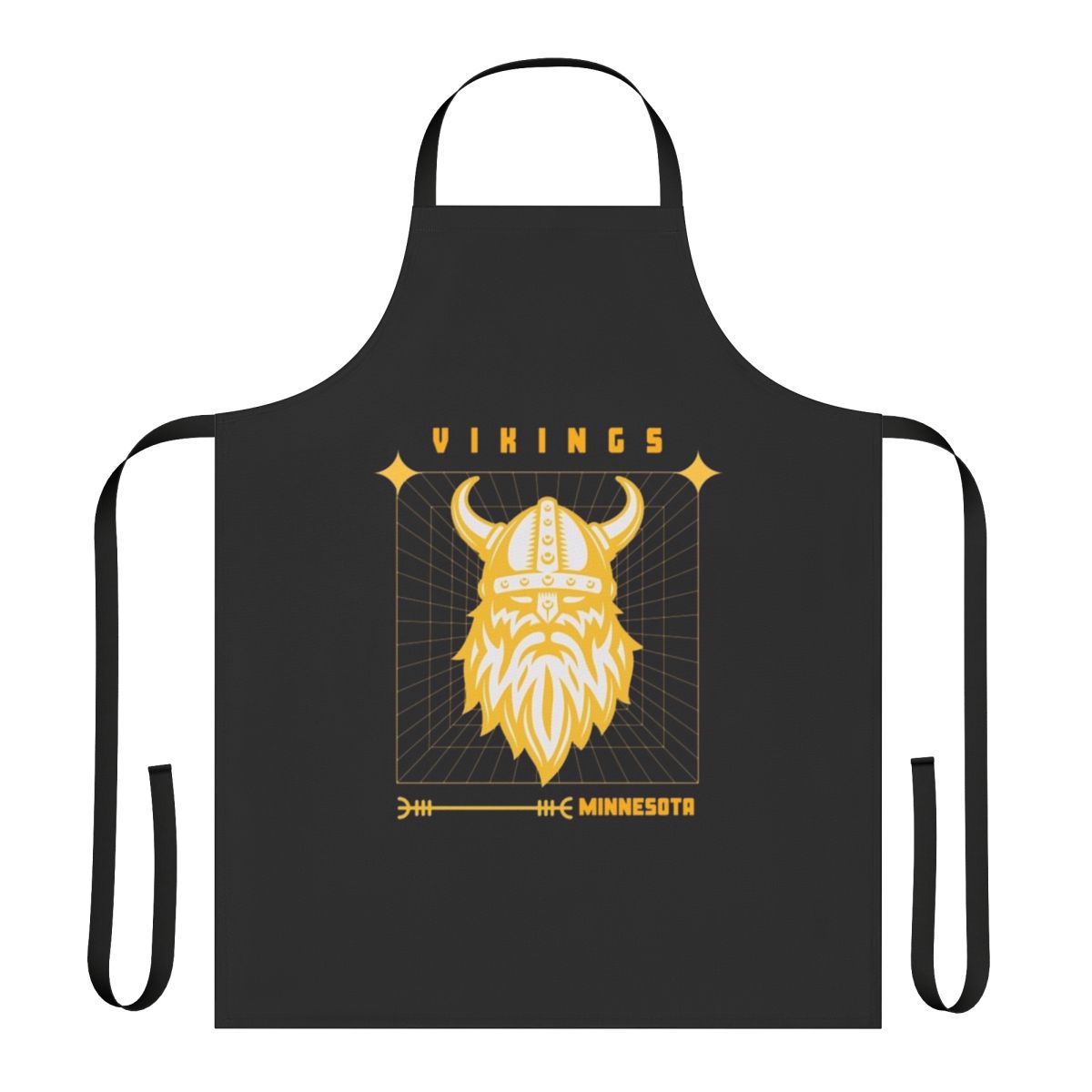 A navy blue kitchen apron featuring the Minnesota Vikings logo and team colors.