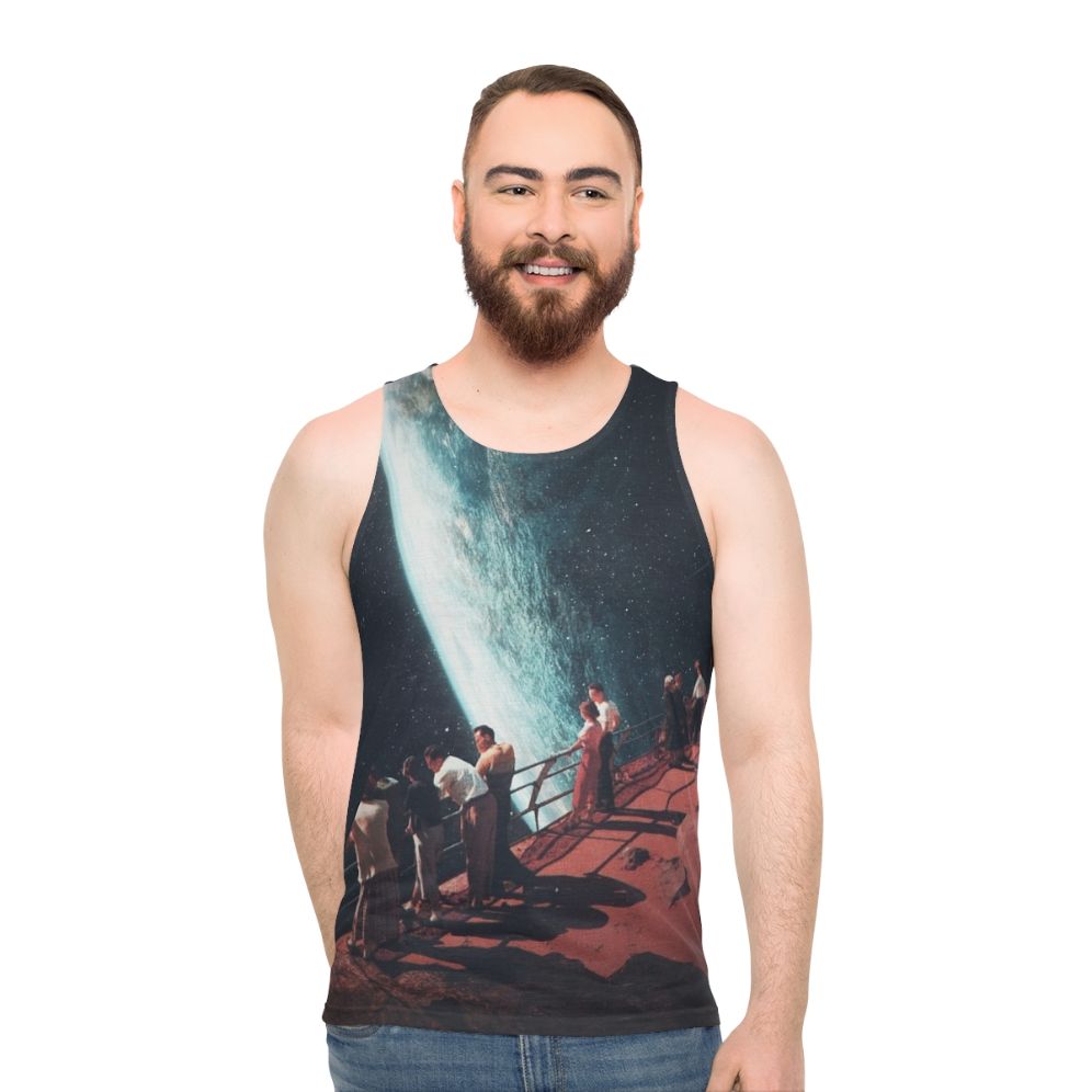 Retro futuristic unisex tank top with "Missing The Ones We Left Behind" graphic design
