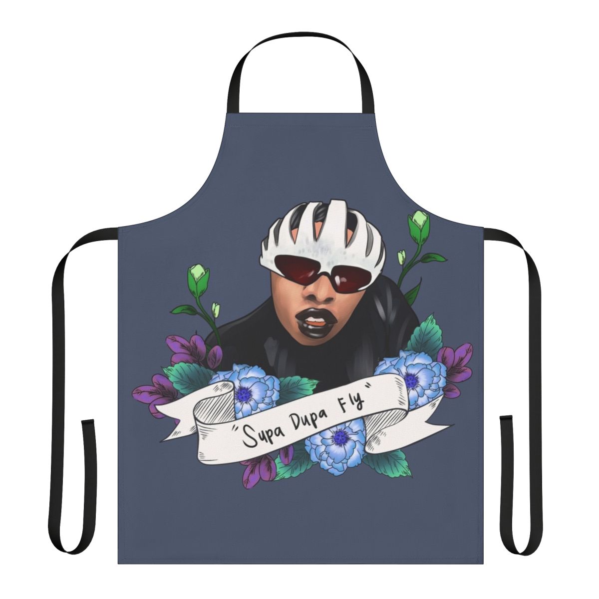 Missy Elliott inspired cooking apron with black and white graphic design