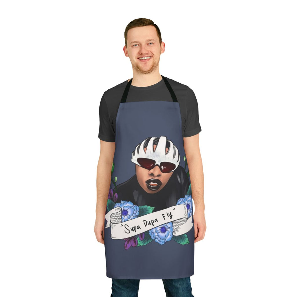 Missy Elliott inspired cooking apron with black and white graphic design