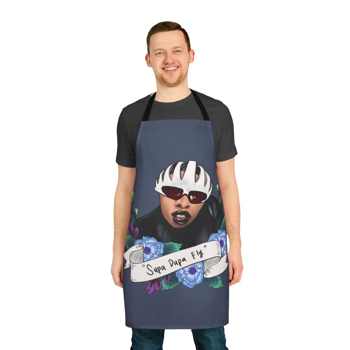 Missy Elliott inspired cooking apron with black and white graphic design