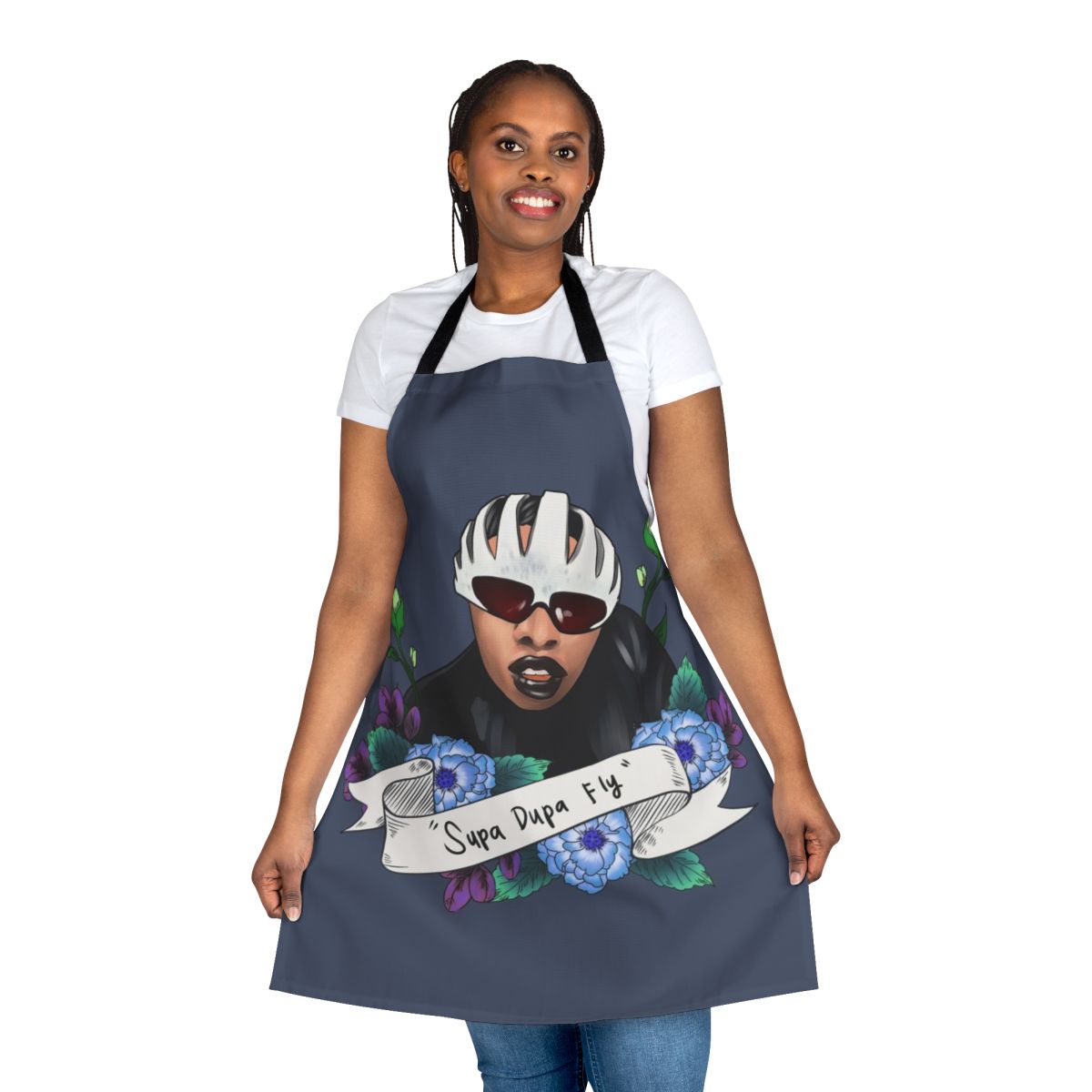 Missy Elliott inspired cooking apron with black and white graphic design